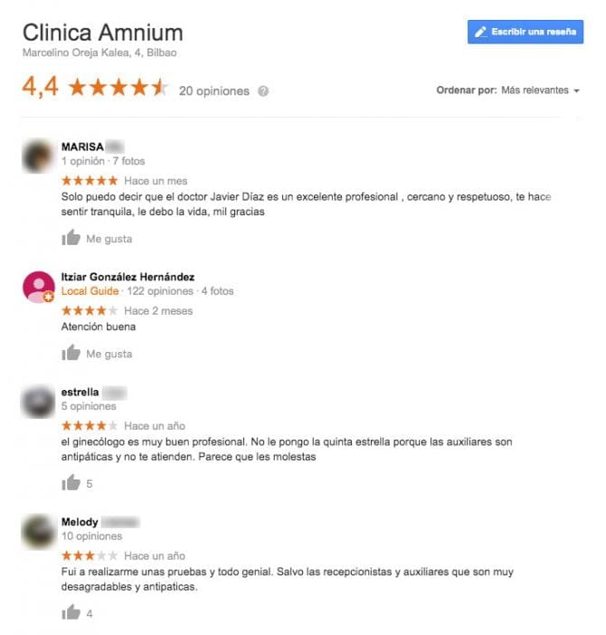 Imagen: Comentarios de la clínica AMNIUM