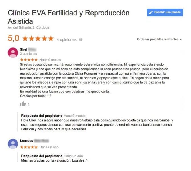 Imagen: Comentario Clínica Eva Córdoba