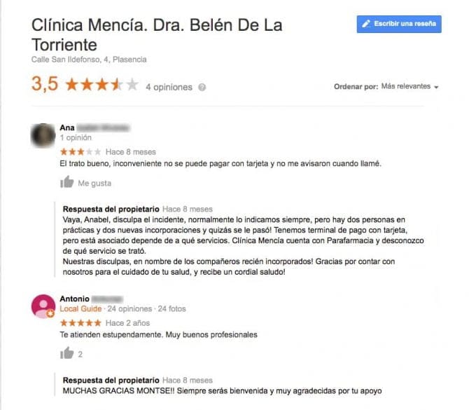 Imagen: Comentarios Clínica Mencía