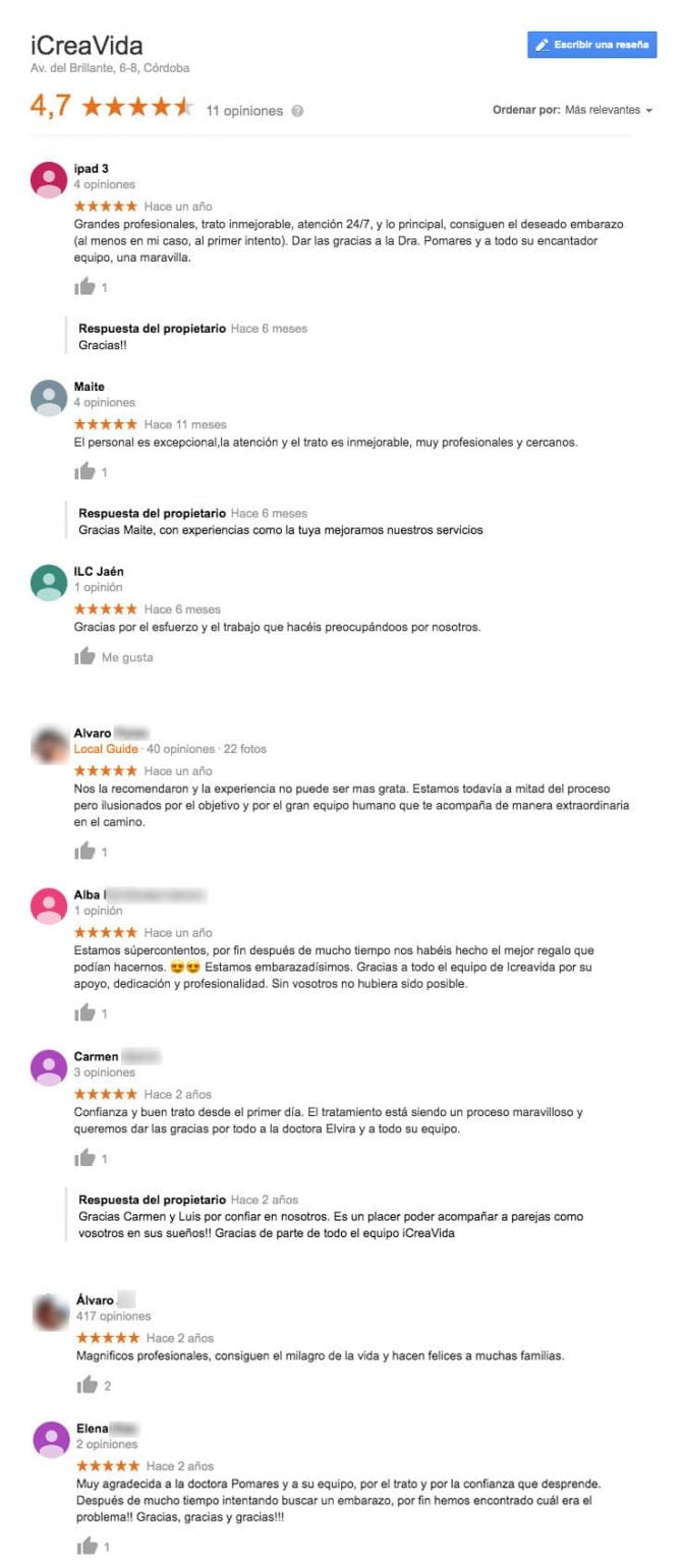 Imagen: Comentarios de la clínica Icreavida