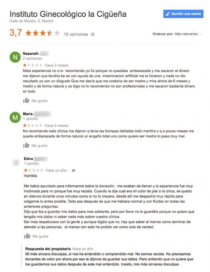 Imagen: Comentarios negativos La Cigüeña