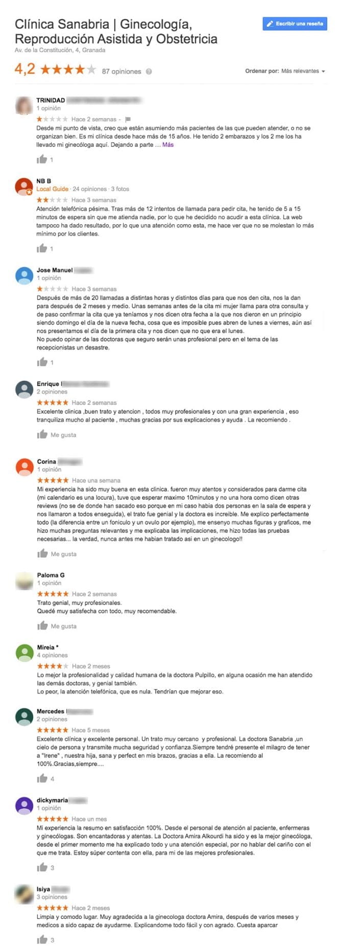 Imagen: Comentarios clínica Sanabria