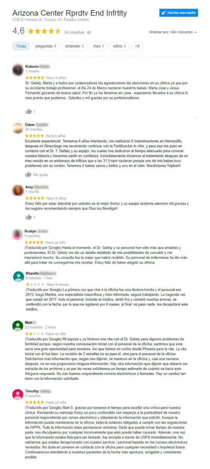 Imagen: opiniones de Arizona Center for Reproductive Endocrinology