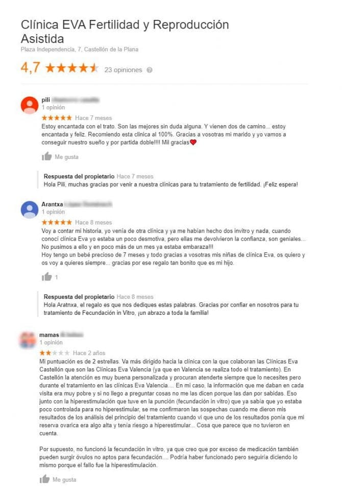 Imagen: Opiniones de la clínica EVA Castellón