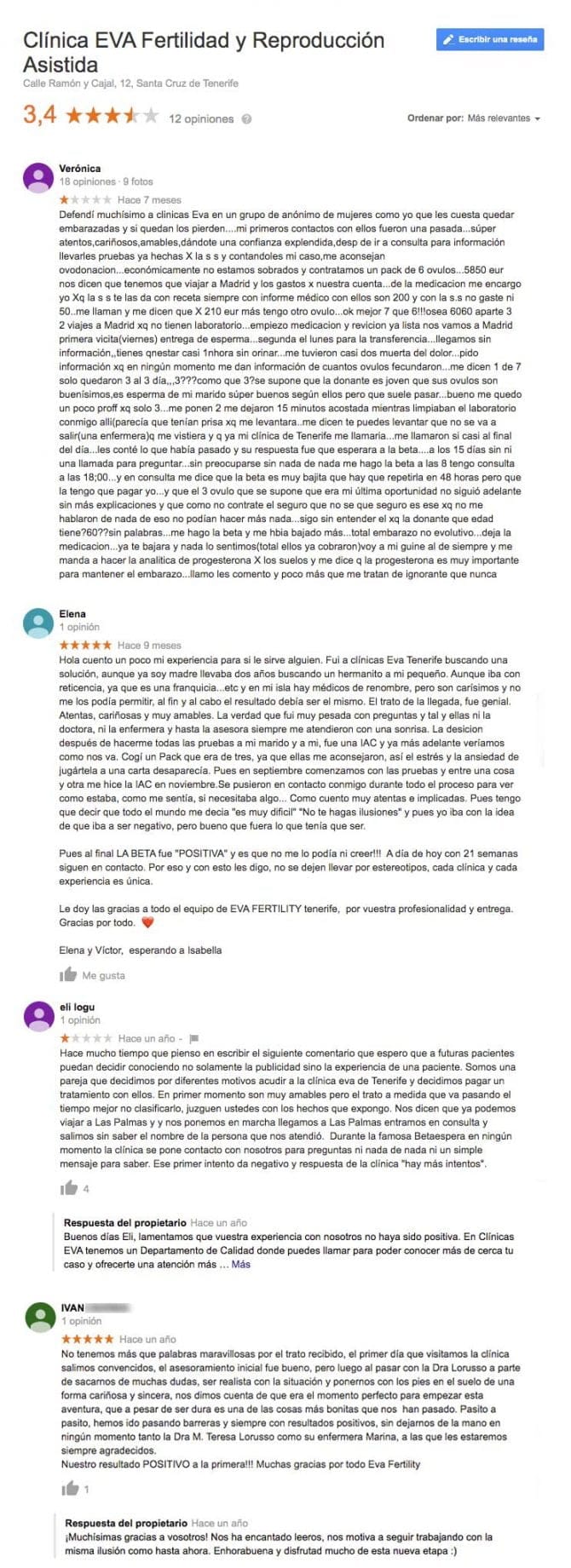 Imagen: Opiniones clínica eva Tenerife