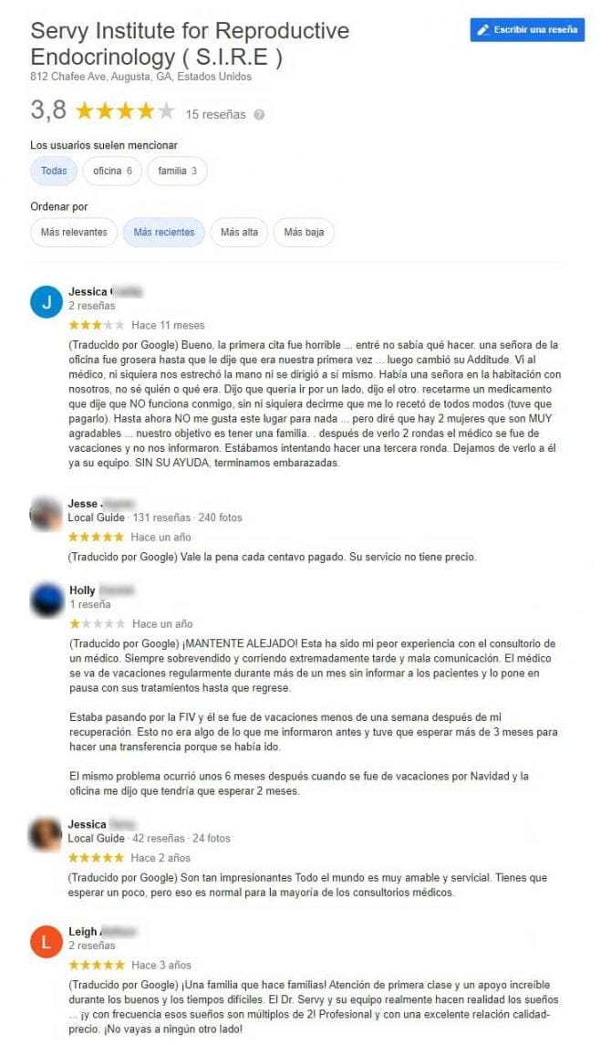 Imagen: Opiniones de Servy Institute for Reproductive Endocrinology