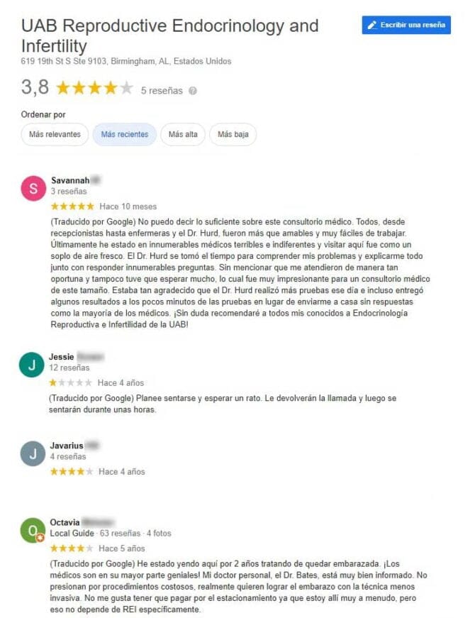 Imagen: Opiniones sobre UAB Reproductive Endocrinology and Infertility.