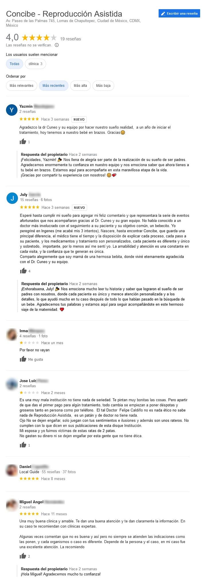 Imagen: Opiniones sobre la clínica CONCIBE