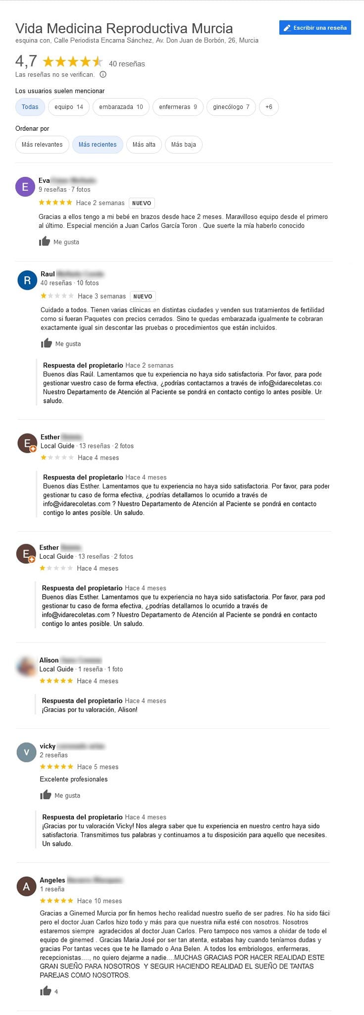 Imagen: Opiniones sobre Vida Medicina Reproductiva Murcia